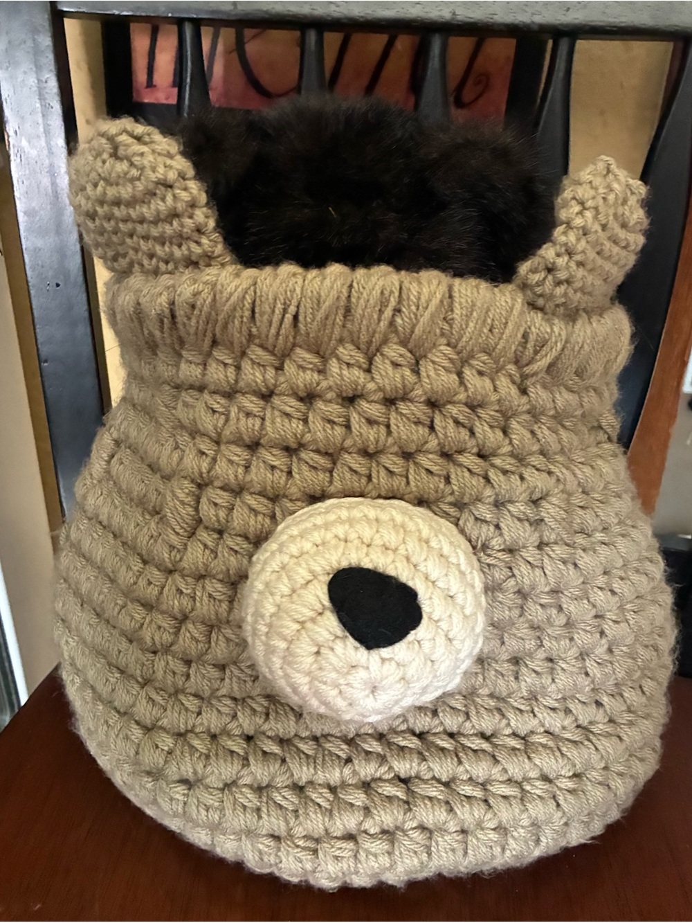 Clara Loo Tan Crochet Bear Basket in Beige with Cream Nose R $56